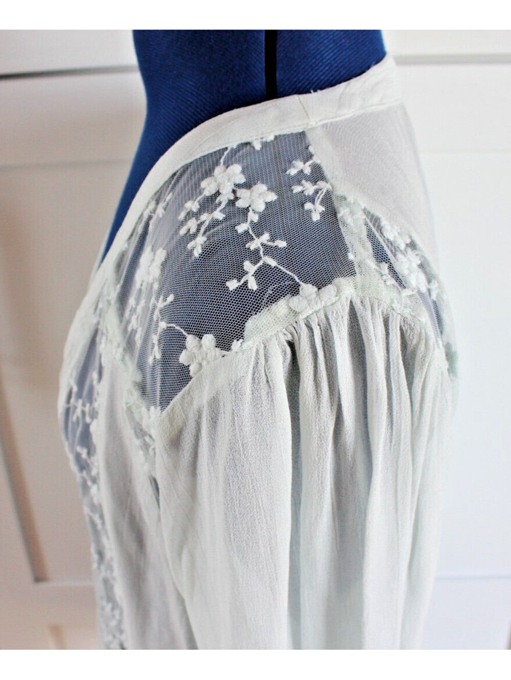 Vintage World Market Size S/M Mint Floral Lace Long Sleeve Button Up Blouse - Picture 6 of 14